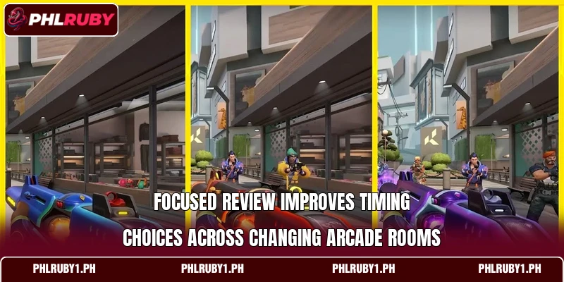 Focused review improves timing choices across changing arcade rooms Focused review improves timing choices across changing arcade rooms
